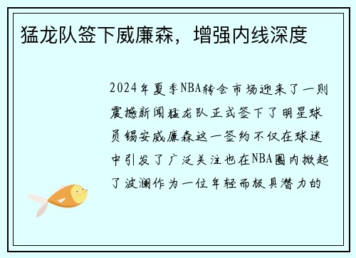 猛龙队签下威廉森，增强内线深度